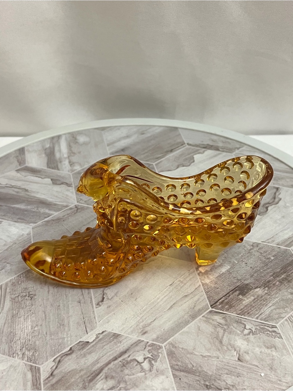Vintage Amber Hobnail Glass Victorian Boot Shoe Figurine Cat Head 6 Inch